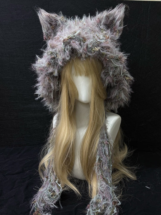 Purple Fox Hat Kawaii Furry Hood, Cute Animal Ear Hat with Pom Poms, Fairy Hood