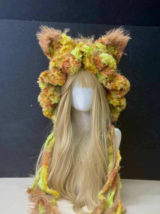 Moss Green Fox Hat Furry Hood, Cottagecore Animal Ear Hat with Pom Poms, Cosplay Hood