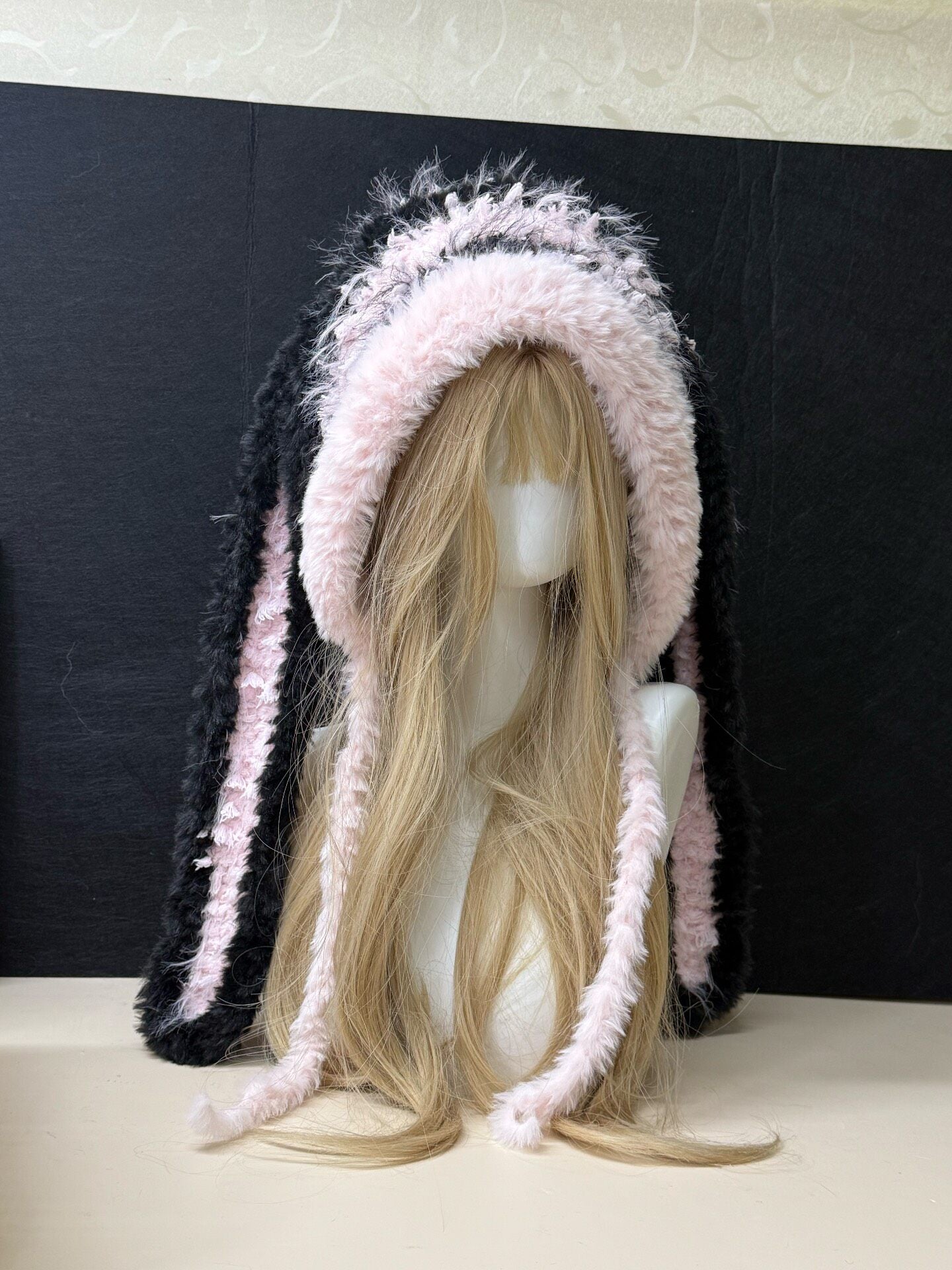 Black Pink Bunny-Eared Hood, Kawaii Furry Rabbit Hat, Soft Handmade Winter Hood Scarf