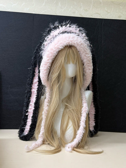 Black Pink Bunny-Eared Hood, Kawaii Furry Rabbit Hat, Soft Handmade Winter Hood Scarf
