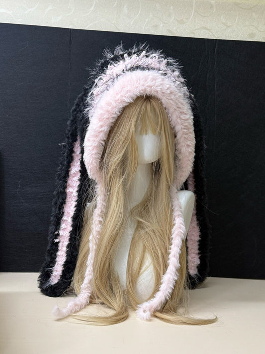 Capuche à oreilles de lapin Black Pink, Chapeau de lapin Kawaii en fourrure, Écharpe-capuche d'hiver douce faite à la main