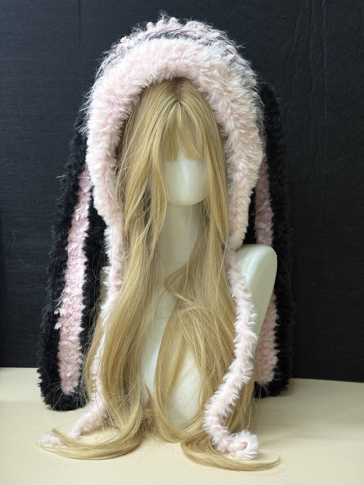 Black Pink Bunny-Eared Hood, Kawaii Furry Rabbit Hat, Soft Handmade Winter Hood Scarf