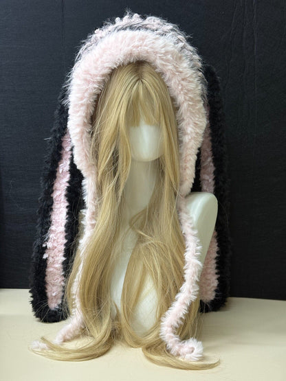 Black Pink Bunny-Eared Hood, Kawaii Furry Rabbit Hat, Soft Handmade Winter Hood Scarf