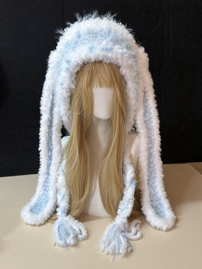 Blue White Bunny-Eared Hood, Kawaii Rabbit Winter Hat, Soft Handmade Furry Hood Scarf