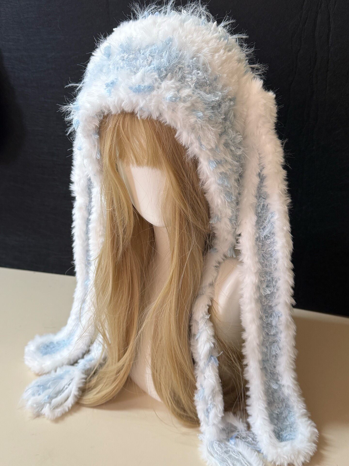 Blue White Bunny-Eared Hood, Kawaii Rabbit Winter Hat, Soft Handmade Furry Hood Scarf