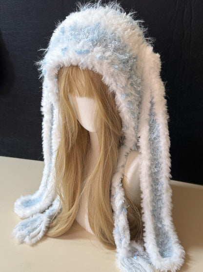 Blue White Bunny-Eared Hood, Kawaii Rabbit Winter Hat, Soft Handmade Furry Hood Scarf