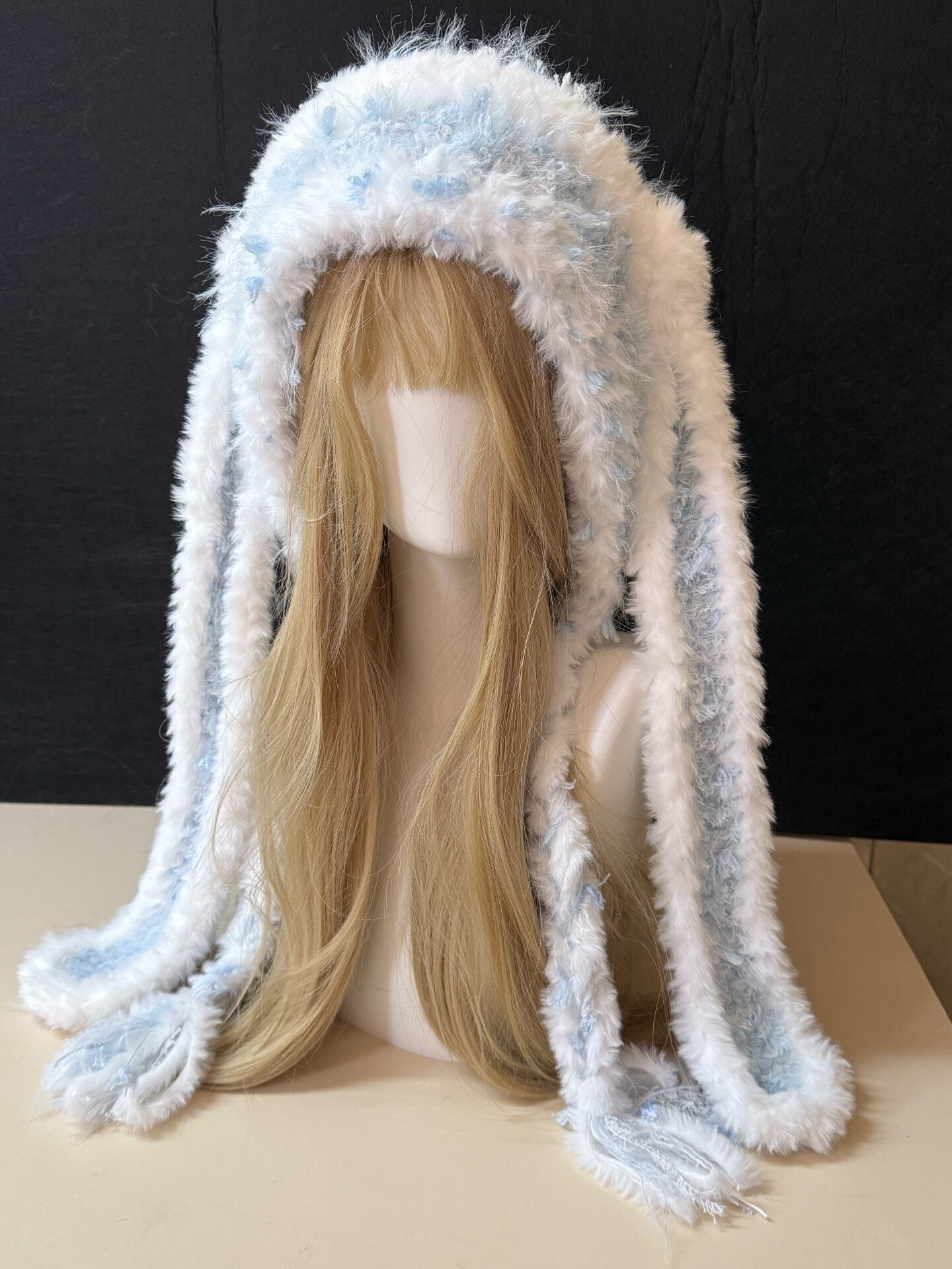 Blue White Bunny-Eared Hood, Kawaii Rabbit Winter Hat, Soft Handmade Furry Hood Scarf