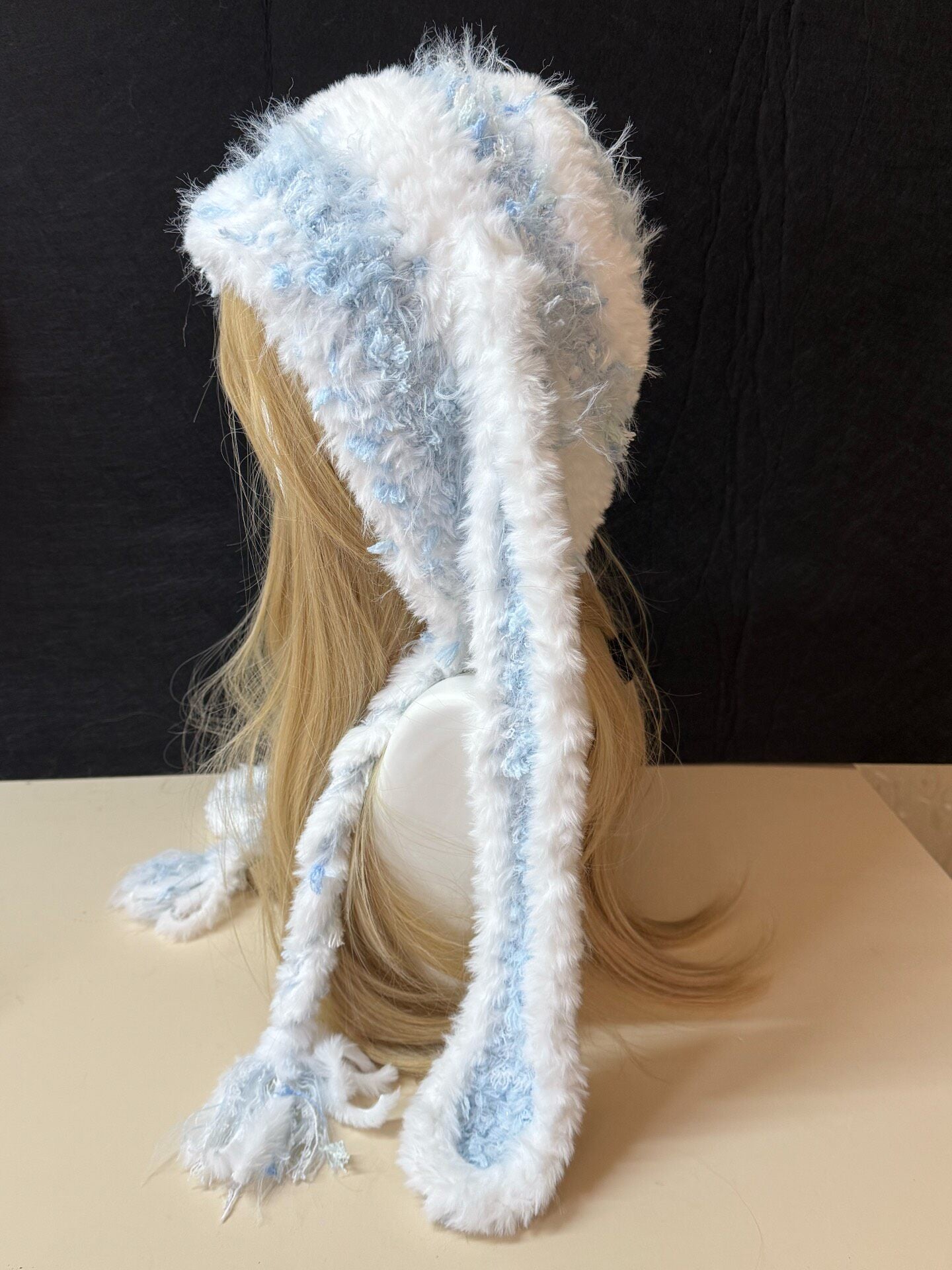 Blue White Bunny-Eared Hood, Kawaii Rabbit Winter Hat, Soft Handmade Furry Hood Scarf