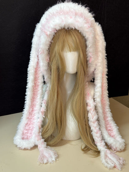 Blau-weiße Hasenohrenkapuze, Kawaii-Kaninchen-Wintermütze, weicher handgemachter Pelzkapuzenschal