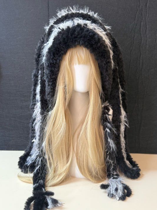 Capuche de lapin bleu et blanc, Chapeau d'hiver lapin kawaii, Écharpe-capuche en fausse fourrure douce faite main