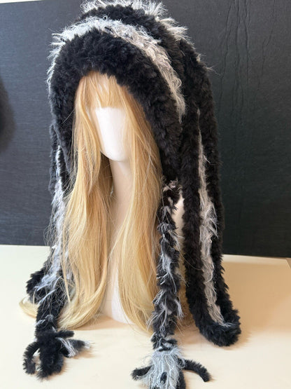 Capuche de lapin bleu et blanc, Chapeau d'hiver lapin kawaii, Écharpe-capuche en fausse fourrure douce faite main