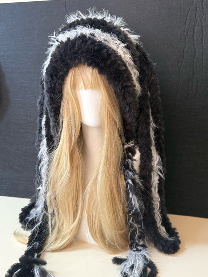 Capuche de lapin bleu et blanc, Chapeau d'hiver lapin kawaii, Écharpe-capuche en fausse fourrure douce faite main
