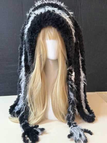 Capuche de lapin bleu et blanc, Chapeau d'hiver lapin kawaii, Écharpe-capuche en fausse fourrure douce faite main