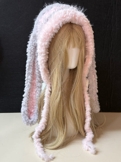 Capuche grise rose à oreilles de lapin, Chapeau de lapin mignon Kawaii, Cagoule écharpe douce faite à la main en fausse fourrure pour l'hiver
