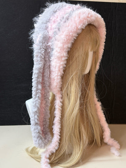 Capuche grise rose à oreilles de lapin, Chapeau de lapin mignon Kawaii, Cagoule écharpe douce faite à la main en fausse fourrure pour l'hiver