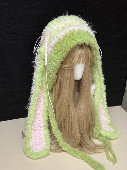 Rosa-Grüne Kapuze mit Hasenohren, Kawaii Plüsch Kaninchen Wintermütze, Weicher Handgemachter Kapuzenschal