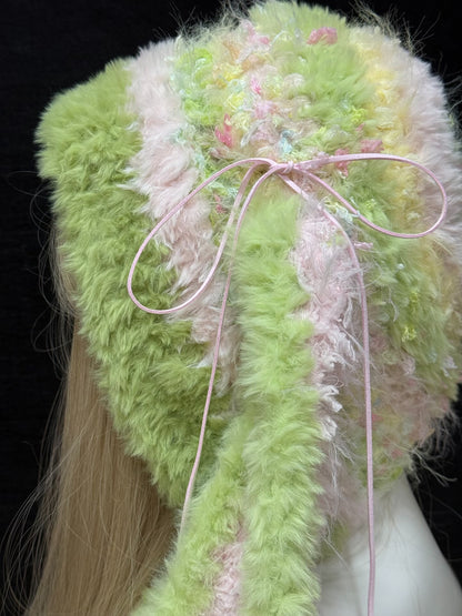 Rosa-Grüne Kapuze mit Hasenohren, Kawaii Plüsch Kaninchen Wintermütze, Weicher Handgemachter Kapuzenschal