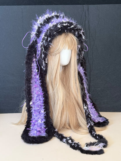 Capuche à Oreilles de Lapin Noir Violet, Chapeau de Lapin Gothique Kawaii, Capuche Écharpe Hiver Douce et Moelleuse