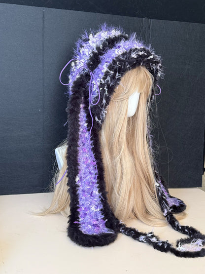 Capuche à Oreilles de Lapin Noir Violet, Chapeau de Lapin Gothique Kawaii, Capuche Écharpe Hiver Douce et Moelleuse