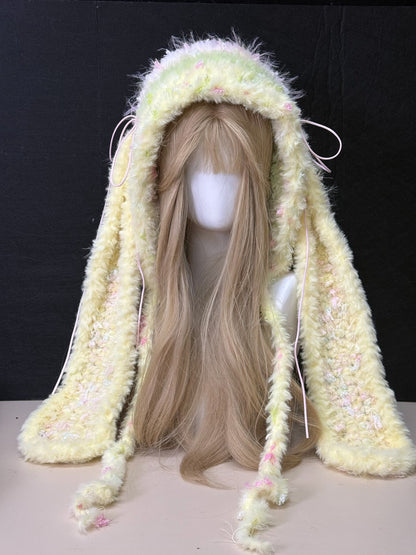 Pink Yellow Bunny-Eared Hood, Cute Kawaii Rabbit Winter Hat, Soft Handmade Furry Hood Scarf