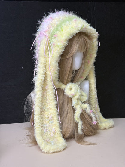 Pink Yellow Bunny-Eared Hood, Cute Kawaii Rabbit Winter Hat, Soft Handmade Furry Hood Scarf