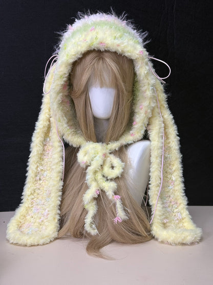 Pink Yellow Bunny-Eared Hood, Cute Kawaii Rabbit Winter Hat, Soft Handmade Furry Hood Scarf