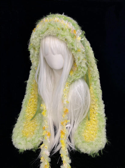 Yellow Green Bunny-Eared Hood, Kawaii Rabbit Winter Hat, Soft Handmade Furry Hood Scarf