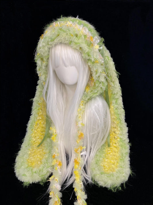 Gelb-grüne Hasenohren-Kapuze, Kawaii-Hasen-Wintermütze, Weicher handgemachter Pelz-Kapuzenschal