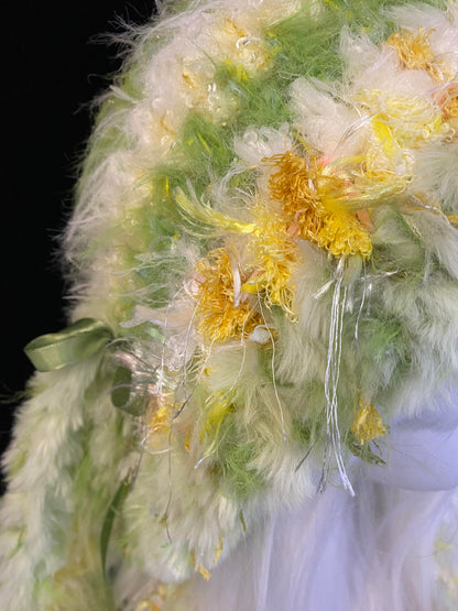 Yellow Green Bunny-Eared Hood, Kawaii Rabbit Winter Hat, Soft Handmade Furry Hood Scarf