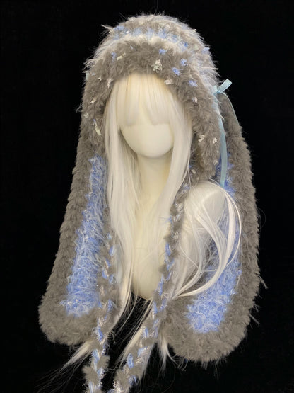Red White Bunny-Eared Hood, Cute Kawaii Rabbit Winter Hat, Soft Handmade Furry Hood Scarf
