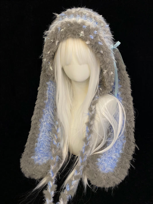 Rot-weiße Hasenohren-Kapuze, niedliche Kawaii Hasen Wintermütze, weicher handgemachter Pelz-Kapuzen-Schal
