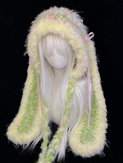 Grey Blue Bunny-Eared Hood, Soft Kawaii Rabbit Hat, Handmade Furry Winter Hood Scarf