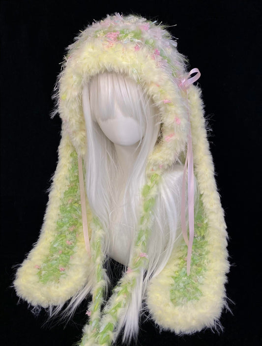 Graublaue Hasenohren-Kapuze, weiche Kawaii-Kaninchenmütze, handgefertigter flauschiger Winterkapuzenschal
