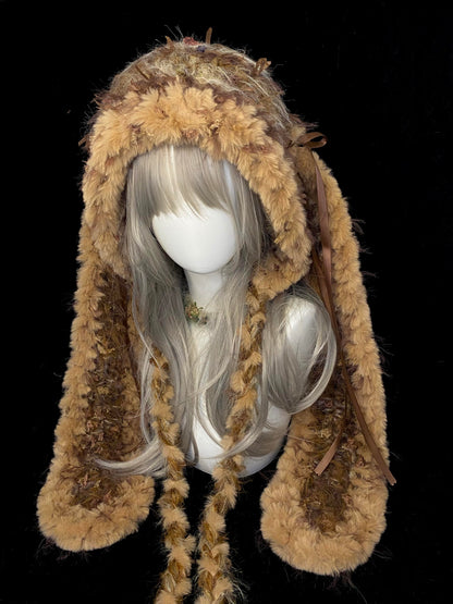 Capuche verte et jaune à oreilles de lapin, Chapeau de lapin Kawaii mignon, Cache-cou à capuche doux fait main pour l'hiver