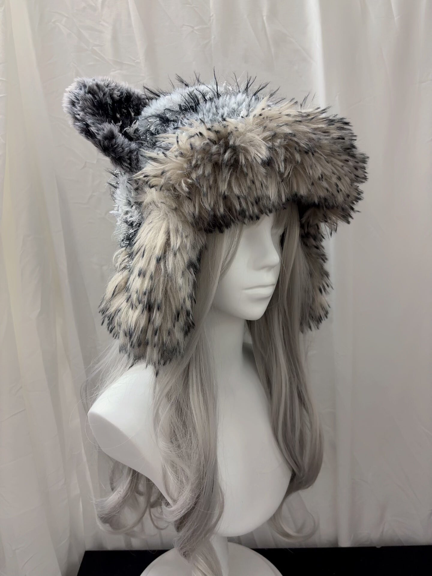 Black Gray Wolf Ear Hood with Scarf, Handmade Animal Hooded Scarf, Gothic Winter Hood