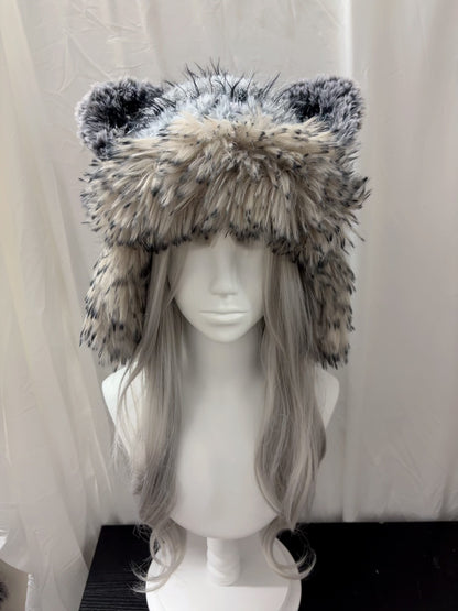 Black Gray Wolf Ear Hood with Scarf, Handmade Animal Hooded Scarf, Gothic Winter Hood