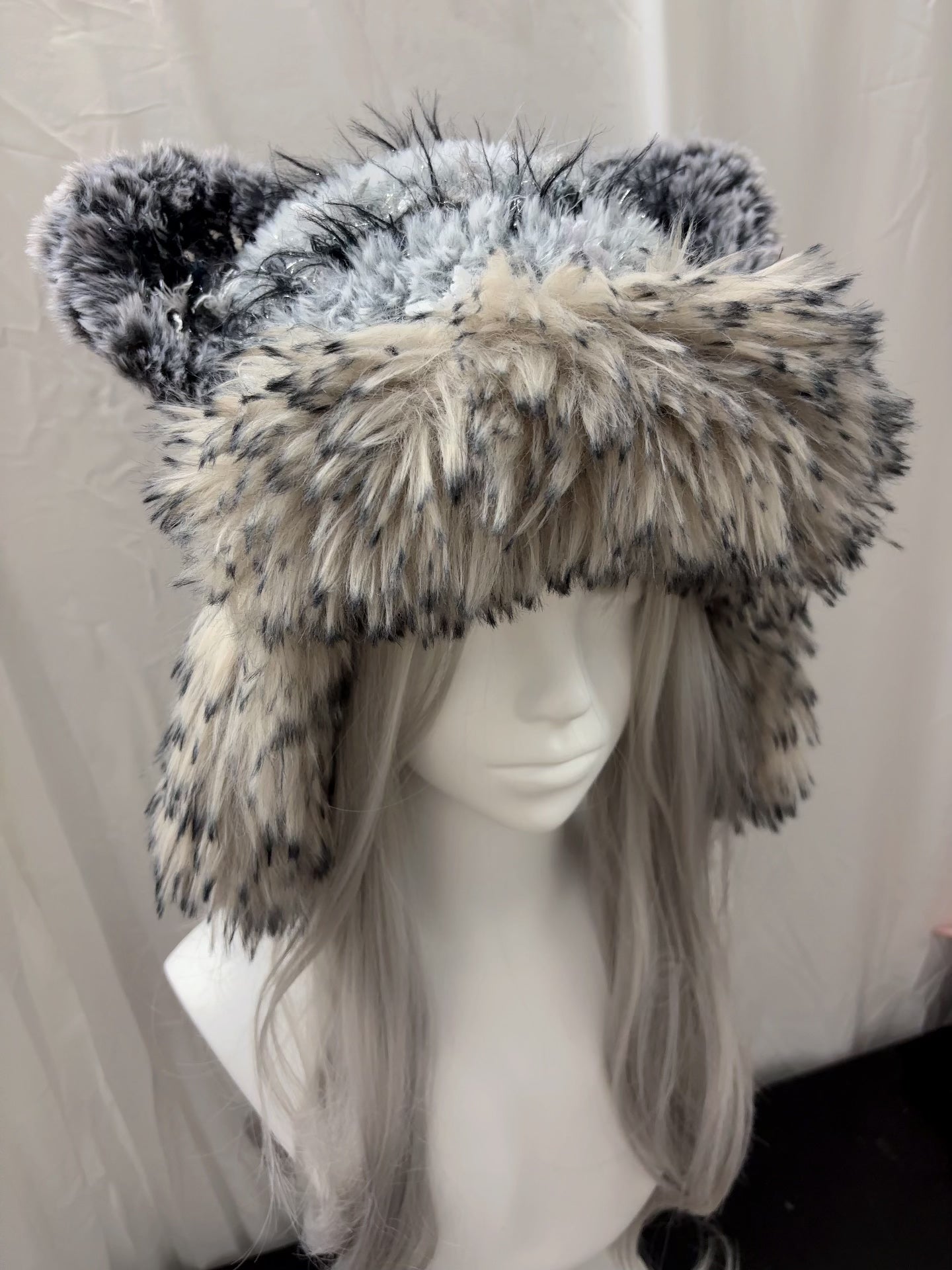 Black Gray Wolf Ear Hood with Scarf, Handmade Animal Hooded Scarf, Gothic Winter Hood