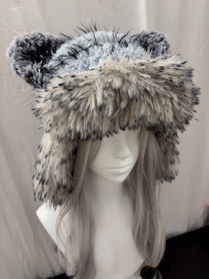 Black Gray Wolf Ear Hood with Scarf, Handmade Animal Hooded Scarf, Gothic Winter Hood