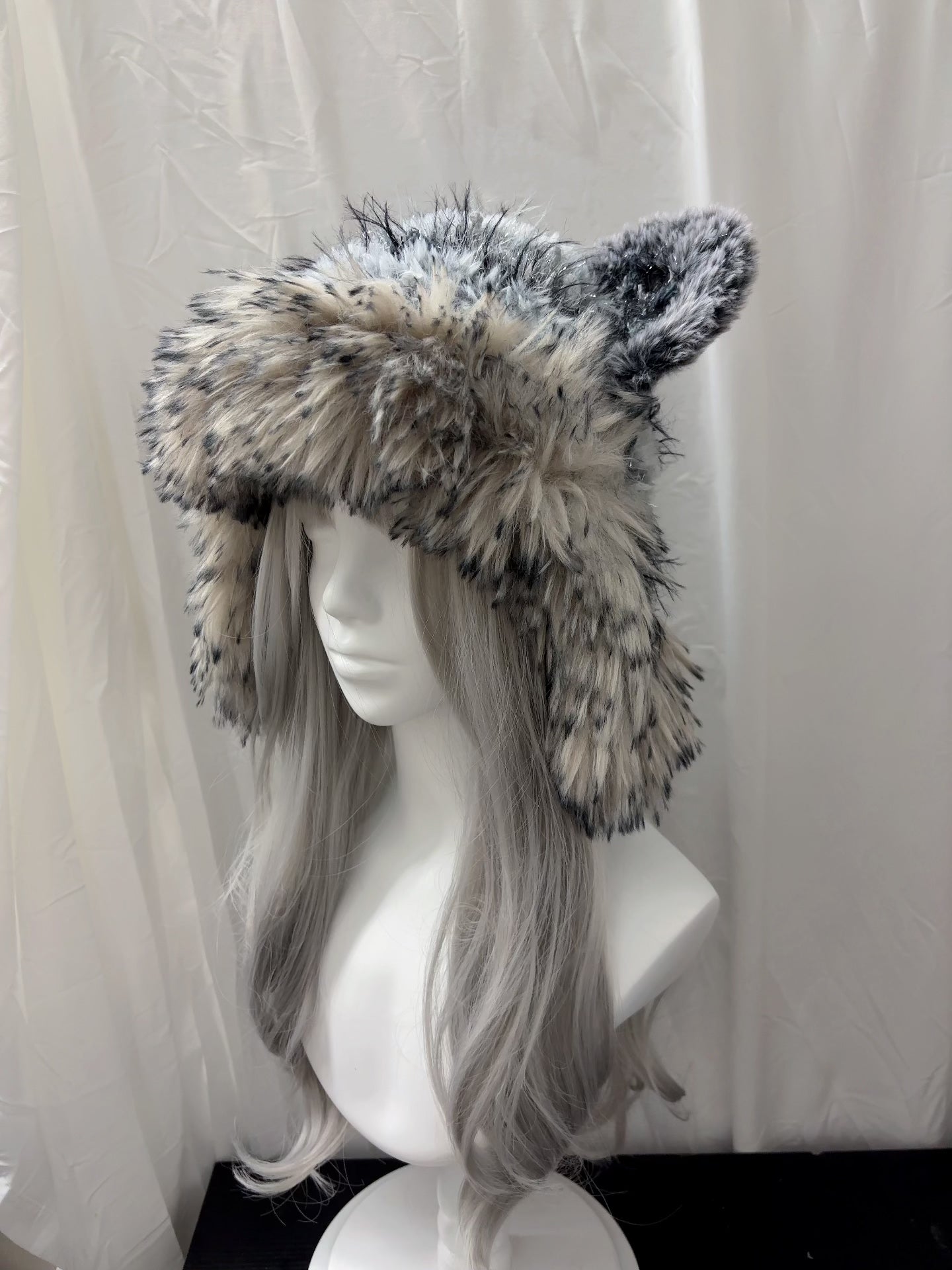 Black Gray Wolf Ear Hood with Scarf, Handmade Animal Hooded Scarf, Gothic Winter Hood
