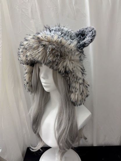 Black Gray Wolf Ear Hood with Scarf, Handmade Animal Hooded Scarf, Gothic Winter Hood