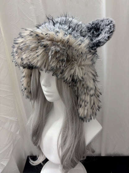 Black Gray Wolf Ear Hood with Scarf, Handmade Animal Hooded Scarf, Gothic Winter Hood