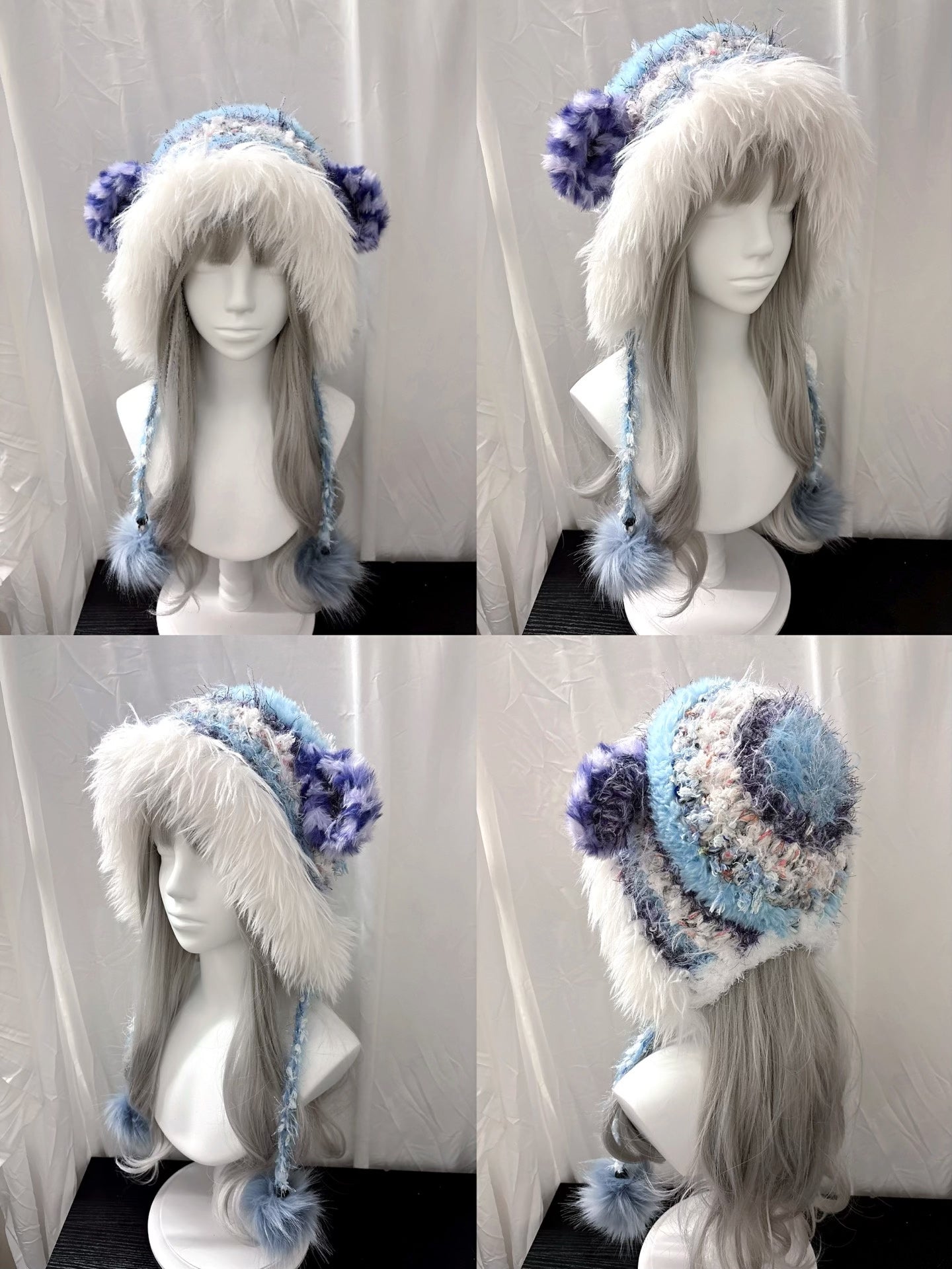 Blau Violette Lammfell-Kapuze mit Schal, Handgemachter Schaf-Kapuzenschal, Weiche Fantasie