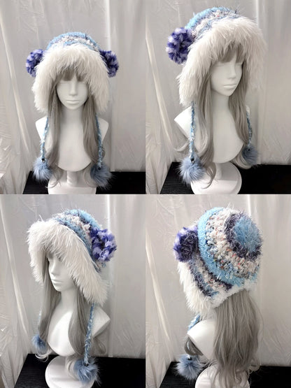 Blau Violette Lammfell-Kapuze mit Schal, Handgemachter Schaf-Kapuzenschal, Weiche Fantasie