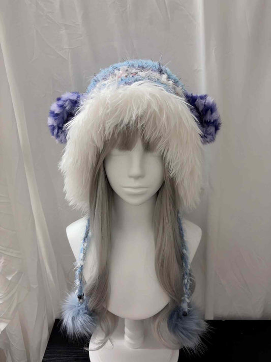 Blue Purple Lamb Ear Hood with Scarf, Handmade Sheep Hooded Scarf, Soft Fantasy