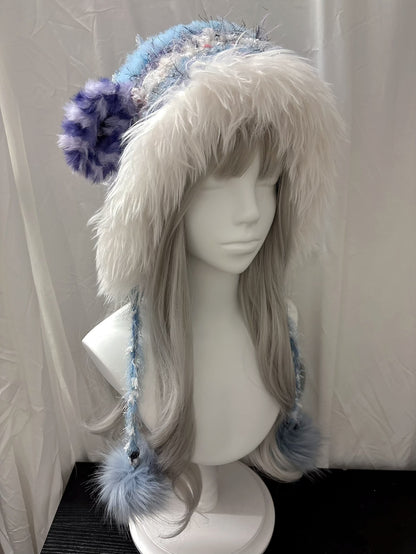 Blau Violette Lammfell-Kapuze mit Schal, Handgemachter Schaf-Kapuzenschal, Weiche Fantasie