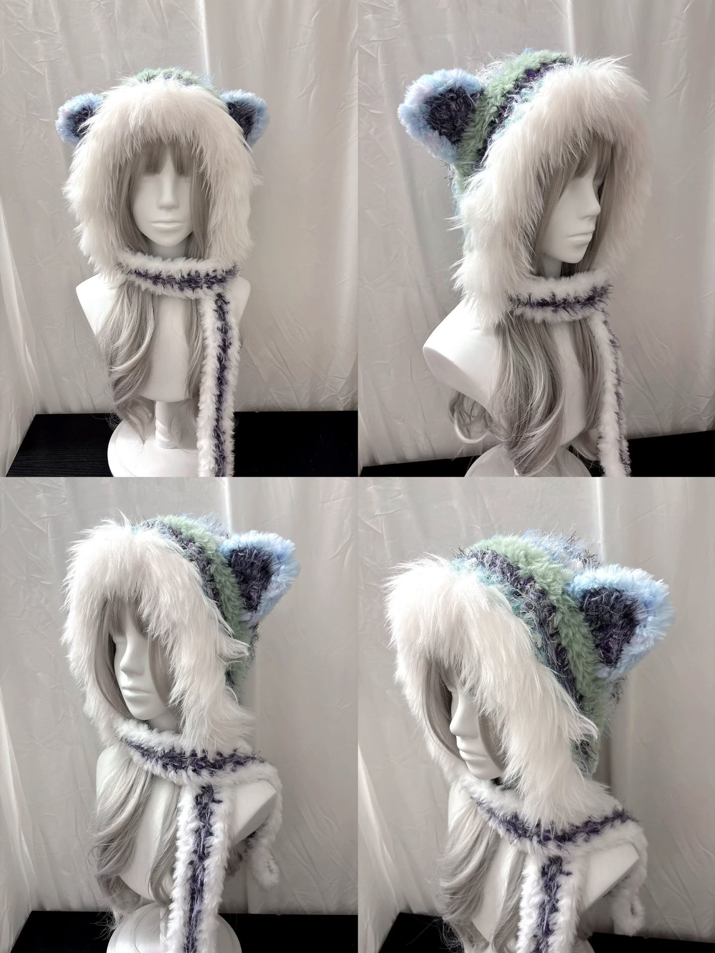 Tierohren-Kapuzenmütze mit Schal, handgehäkelter Kapuzenschal, Fairycore Winterkapuze