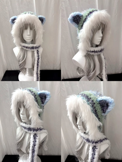 Tierohren-Kapuzenmütze mit Schal, handgehäkelter Kapuzenschal, Fairycore Winterkapuze