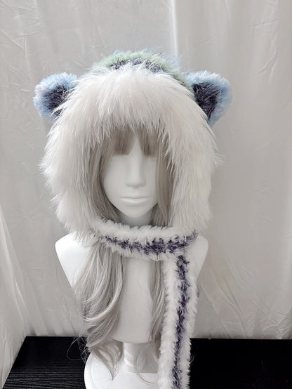 Tierohren-Kapuzenmütze mit Schal, handgehäkelter Kapuzenschal, Fairycore Winterkapuze