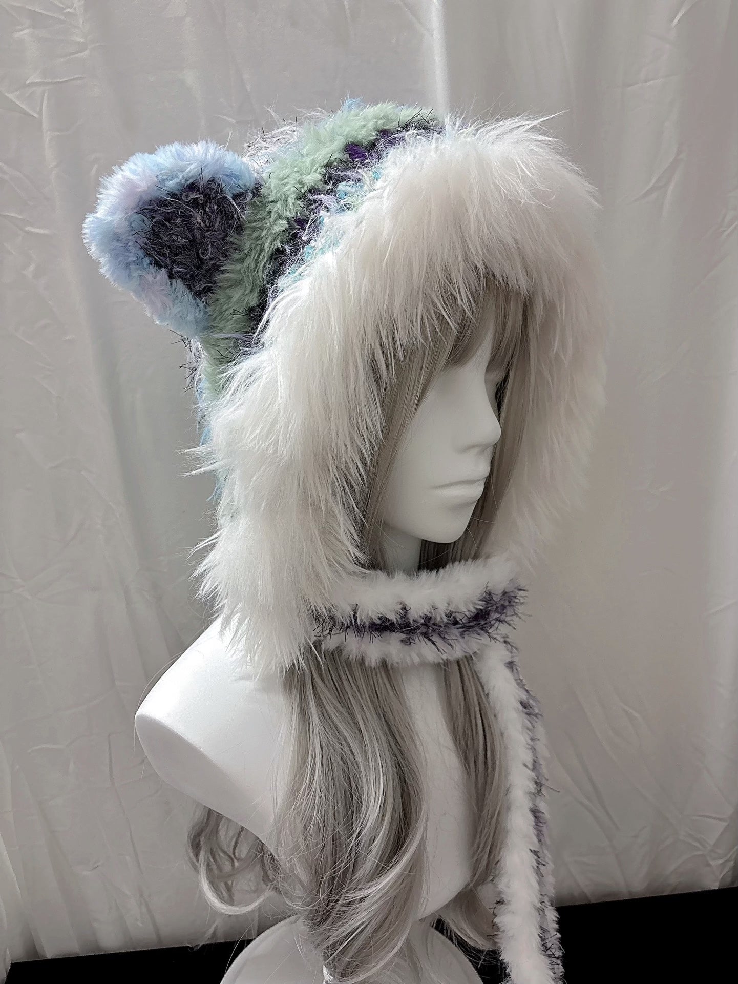 Tierohren-Kapuzenmütze mit Schal, handgehäkelter Kapuzenschal, Fairycore Winterkapuze