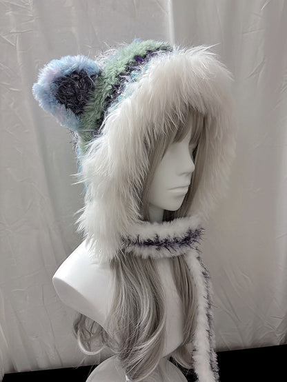 Tierohren-Kapuzenmütze mit Schal, handgehäkelter Kapuzenschal, Fairycore Winterkapuze